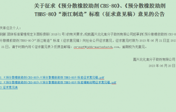 關于征求《預分散橡膠助劑CBS-80》、《預分散橡膠助劑TBBS-80》“浙江制造”標準（征求意見稿）意見的公告